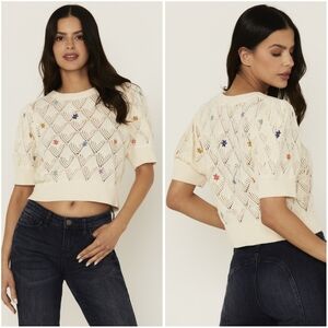 Driftwood Floral Embroidered Knit Top Sweater Small